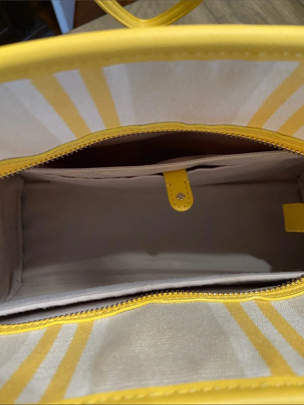 kate spade Yellow and Cream Striped Canvas Tote with Heart Charm